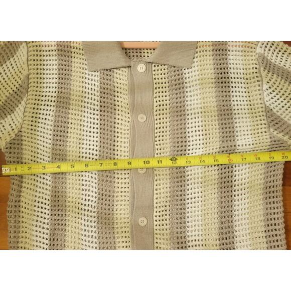 Massive Luxury Crochet Knit Polo Shirt Beige Striped Button Up  M Cotton - Picture 5 of 7
